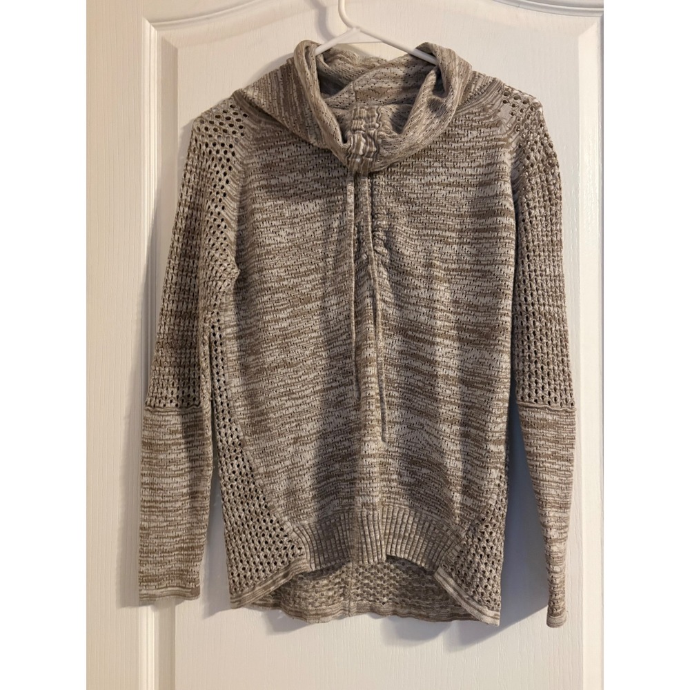 Prana Cowl Neck Sweater Womens XS Tan Space Dye Open Knit Hooded Gorpcore